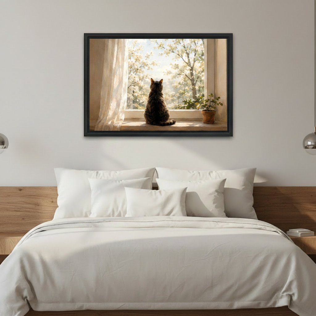 Cat spring window scene framed canvas print above white bedding bedroom wall