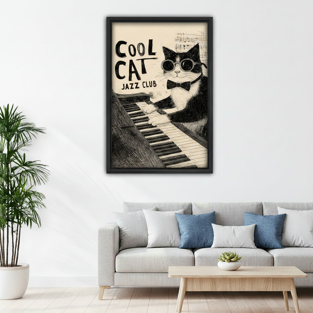 Cool Cat Jazz Club framed print displayed above modern living room sofa, retro vintage music cat poster for home decor