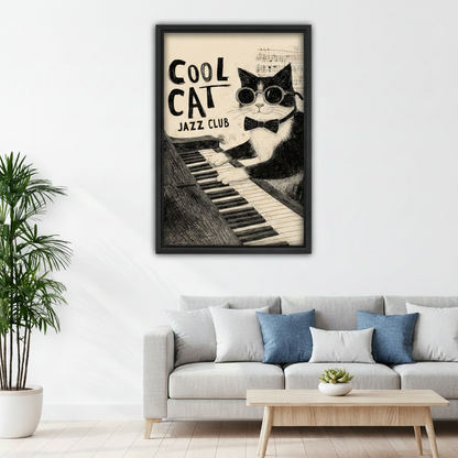 Cool Cat Jazz Club framed print displayed above modern living room sofa, retro vintage music cat poster for home decor