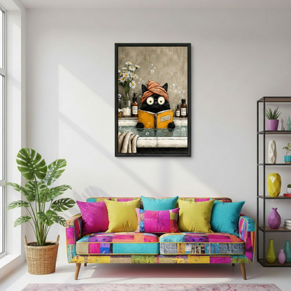Quirky black cat reading in tub wall art in rustic bathroom setting, funny canvas print for home