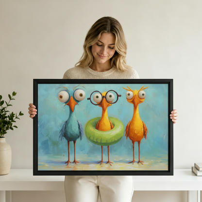 Whimsical Funny Birds Oil Painting Style Framed Wall Art – Colorful Bird Square Print Displayed in Room Setting