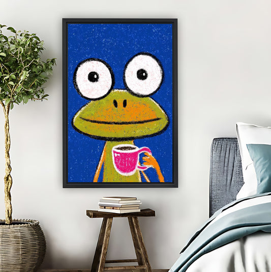Whimsical Big-Eyed Frog with Coffee Cup Wall Art Print| Liberty Signs #L1567