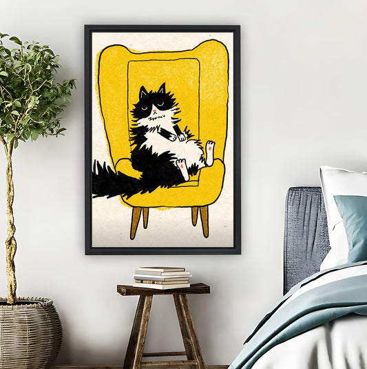 Black & White Cat on Yellow Chair Retro Wall Art| Liberty Signs #L888