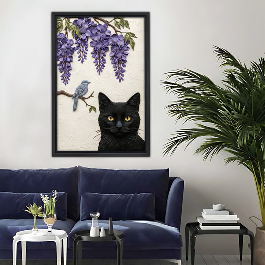 Black Cat with Wisteria Wall Art - Bird and Floral Canvas Print|Liberty Signs#L317