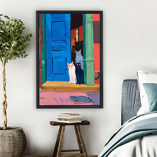 Whimsical Cats at Colorful Mediterranean Doorway Wall Art Print| Liberty Signs #L1579