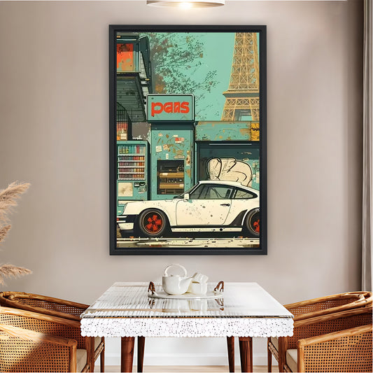 Retro Paris Streetscape Porsche Sports Car Art Print| Liberty Signs #L1549