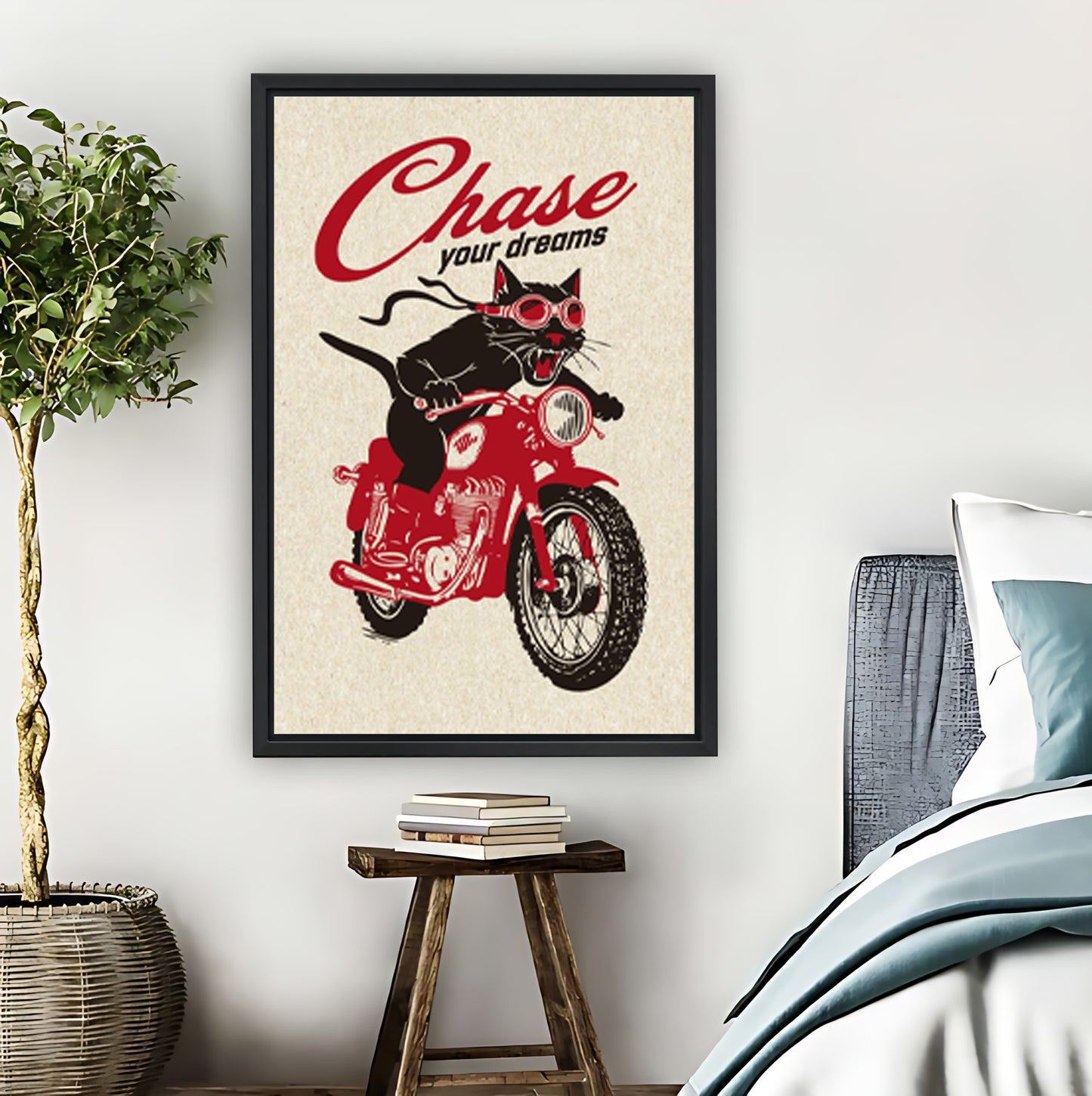 "Chase Your Dreams" Cat on Motorcycle Funny Motivational Wall Art|Liberty Signs #L850