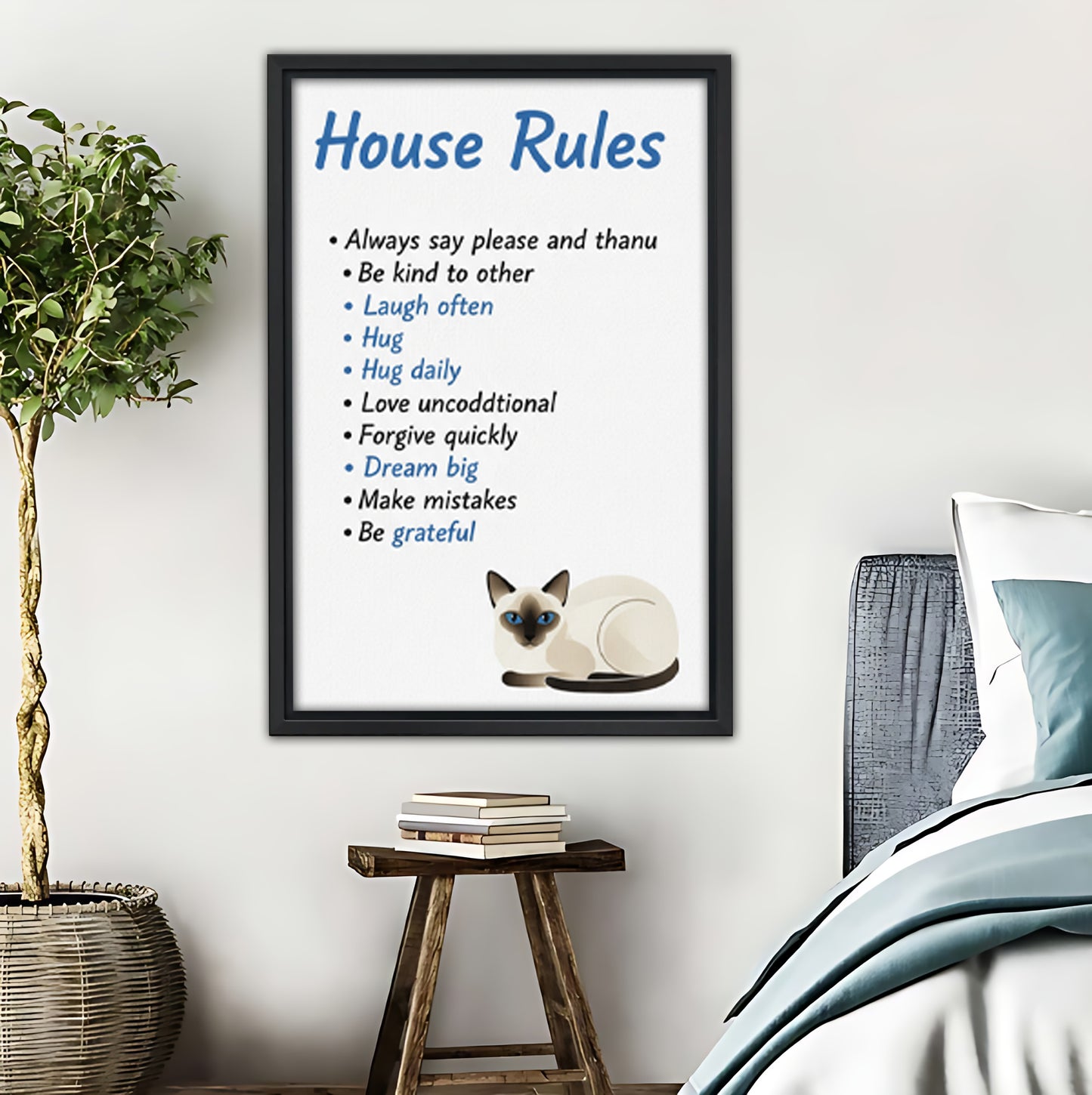 Minimalist House Rules Wall Art with Cute Cat Illustration|Liberty Signs #L498