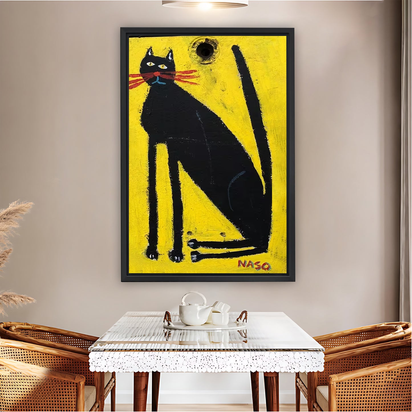 Folk Art Style Black Cat Yellow Background Wall Art Print| Liberty Signs #L1587