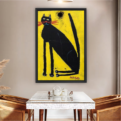 Folk Art Style Black Cat Yellow Background Wall Art Print| Liberty Signs #L1587