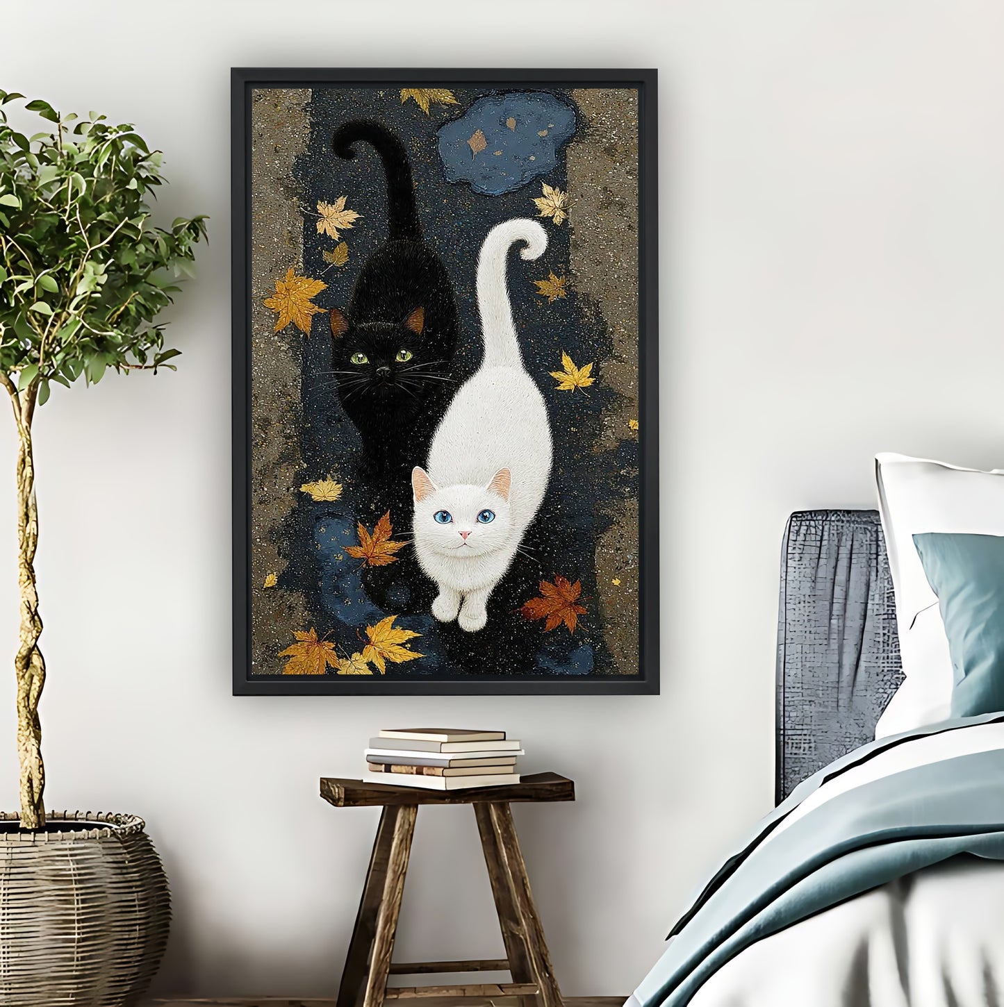 Black & White Cats in Autumn Leaves Whimsical Wall Art|Liberty Signs #L820