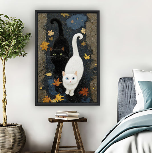 Black & White Cats in Autumn Leaves Whimsical Wall Art|Liberty Signs #L820