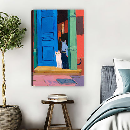 Whimsical Cats at Colorful Mediterranean Doorway Wall Art Print| Liberty Signs #L1579