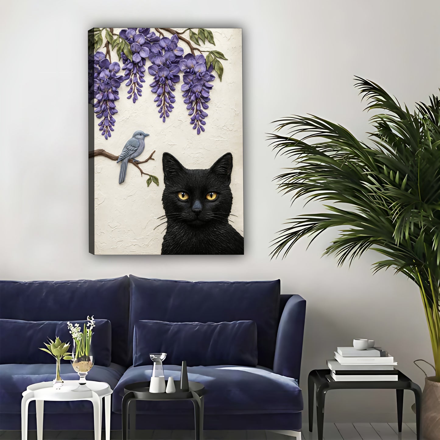 Black Cat with Wisteria Wall Art - Bird and Floral Canvas Print|Liberty Signs#L317