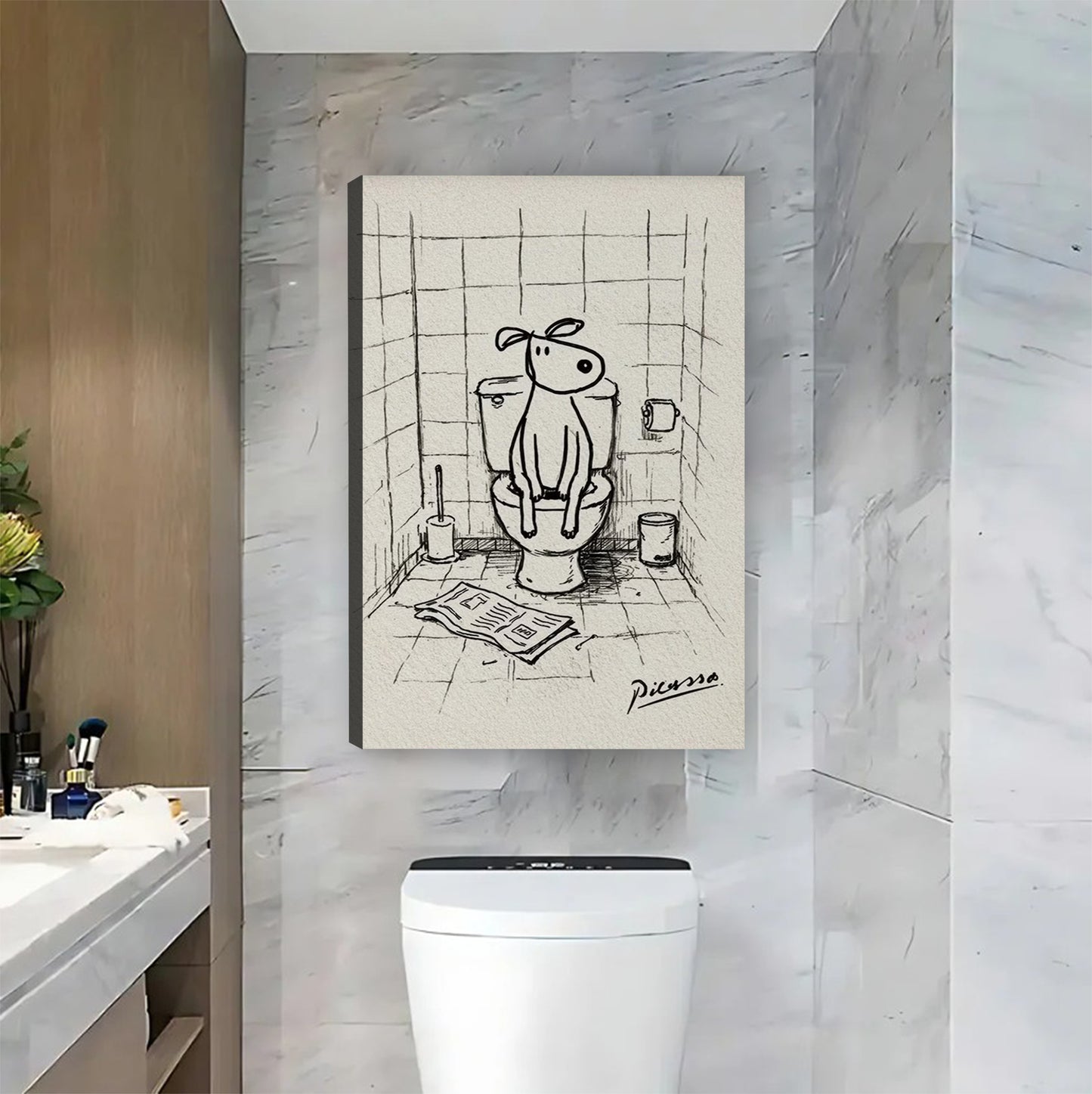 Dog on Toilet Reading Newspaper Sketch Bathroom Wall Art| Liberty Signs #L883