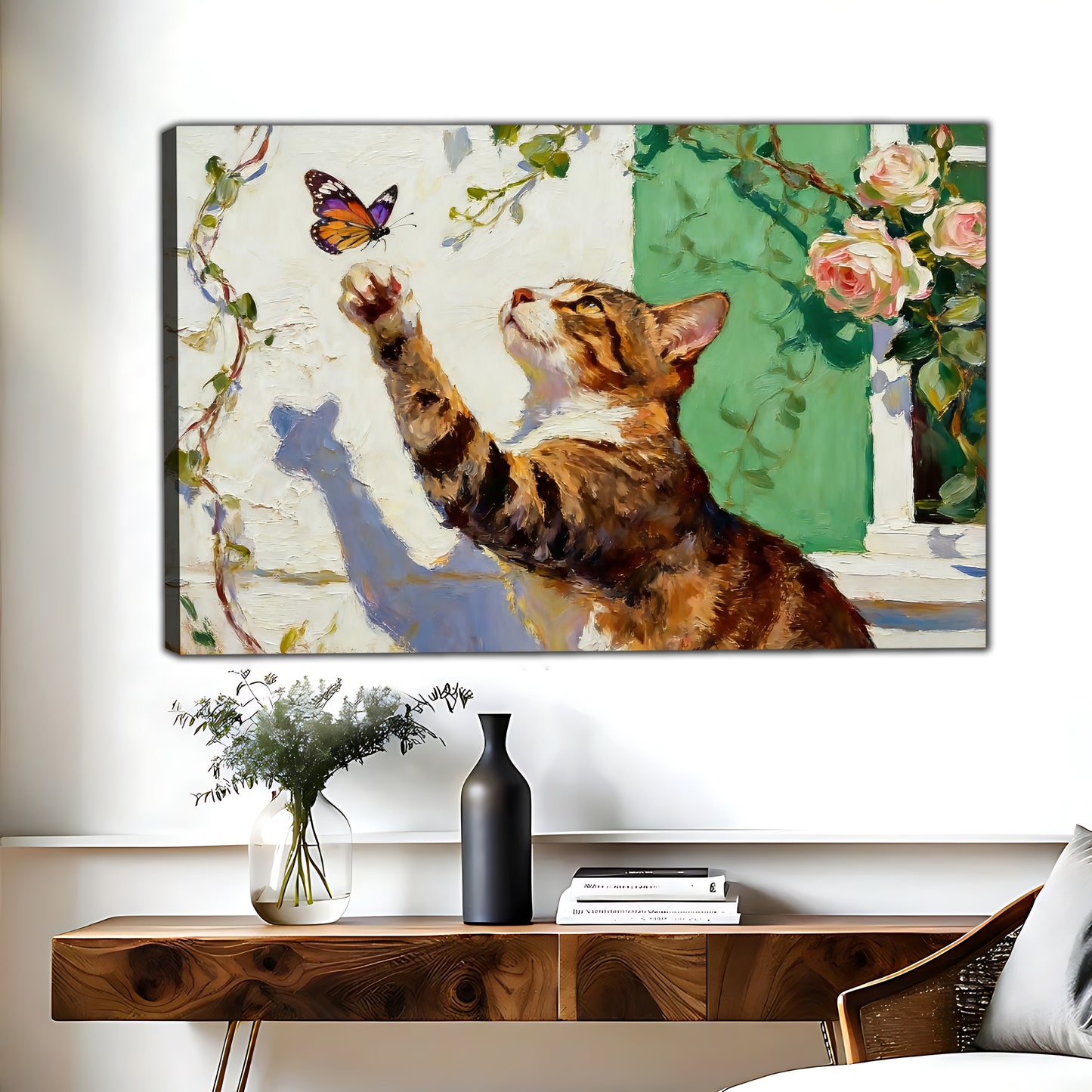 Cat and Butterfly Canvas Wall Art - Whimsical Animal Print| Liberty Signs #L309