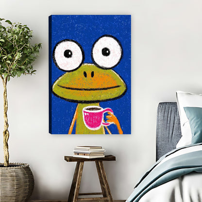 Whimsical Big-Eyed Frog with Coffee Cup Wall Art Print| Liberty Signs #L1567
