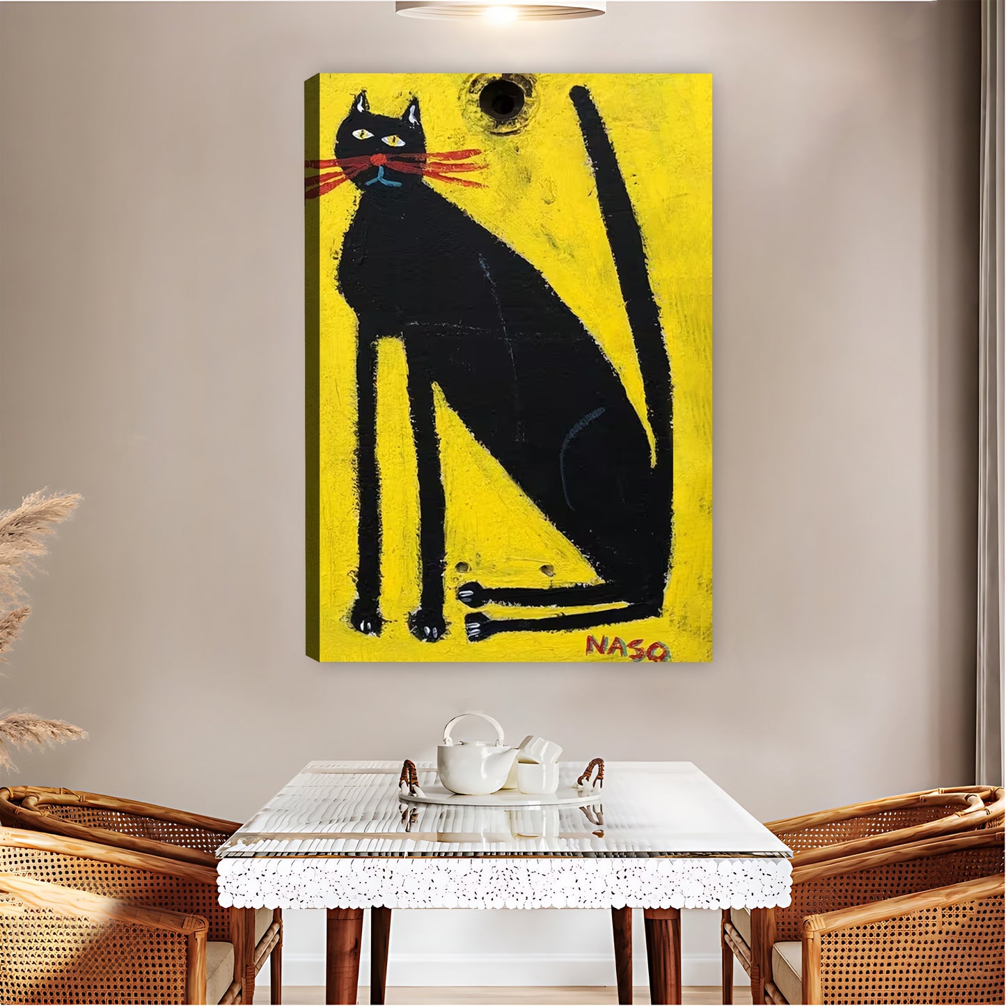 Folk Art Style Black Cat Yellow Background Wall Art Print| Liberty Signs #L1587