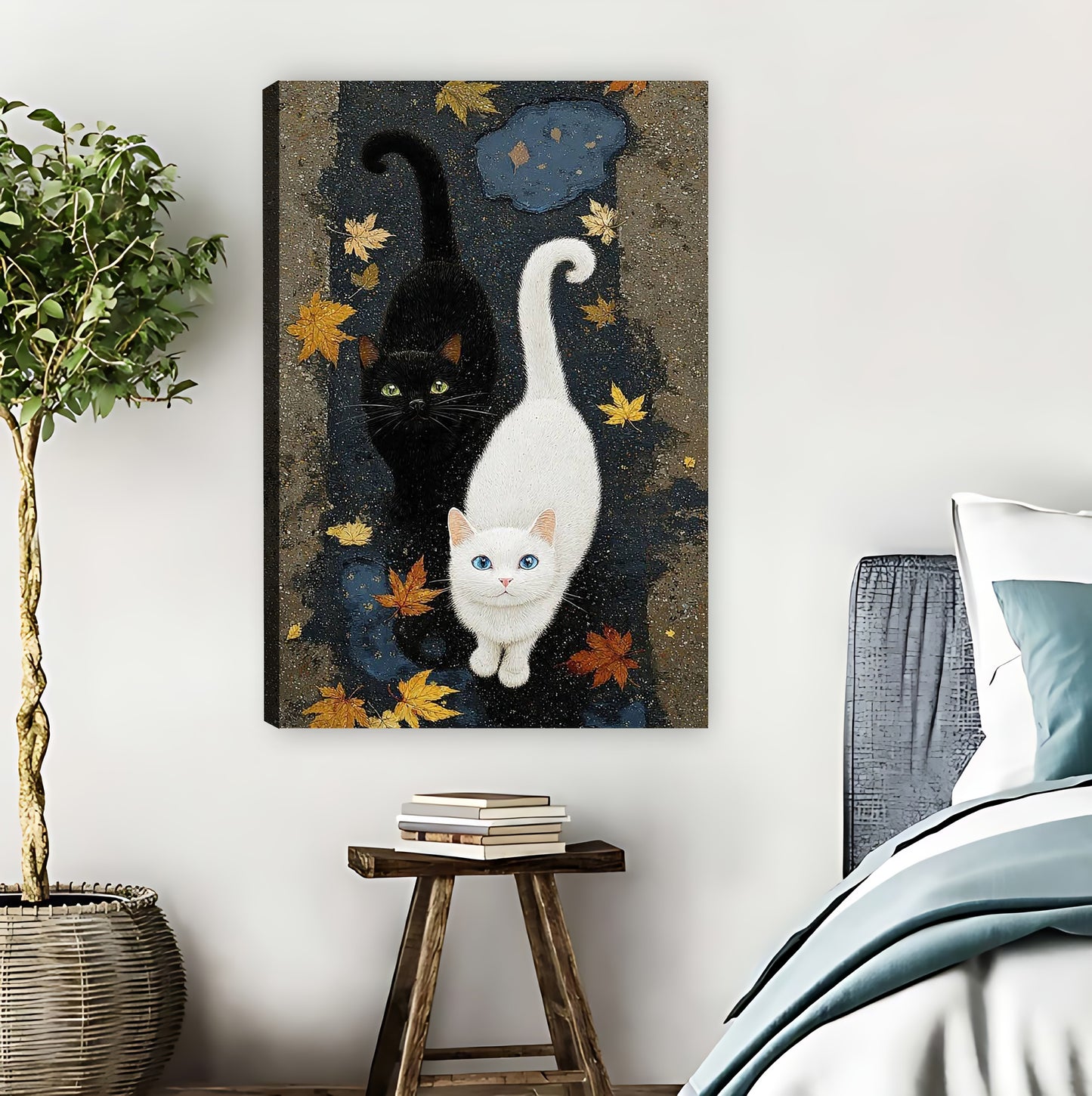 Black & White Cats in Autumn Leaves Whimsical Wall Art|Liberty Signs #L820