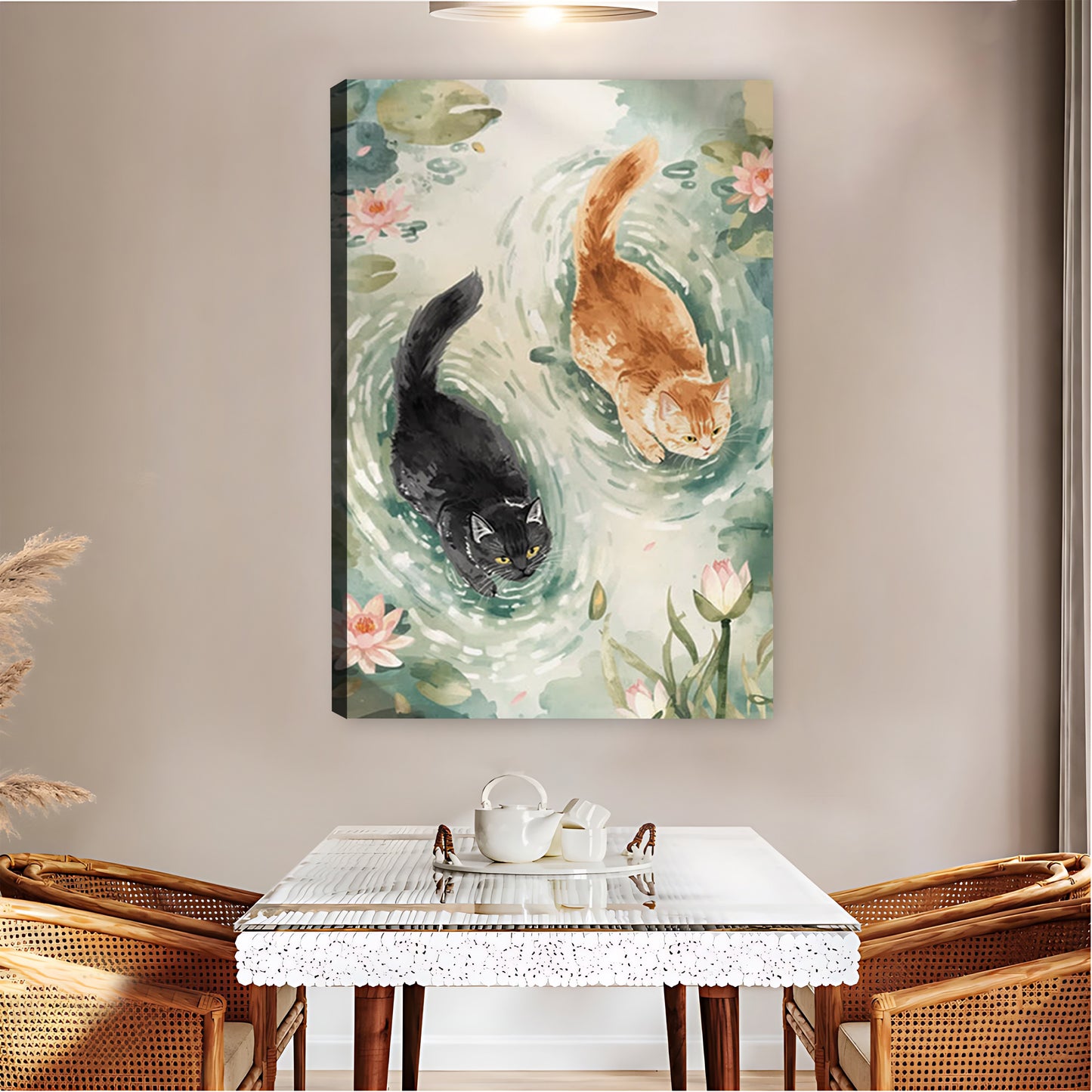 Serene Watercolor Two Cats with Flowers Art| Liberty Signs #L1534
