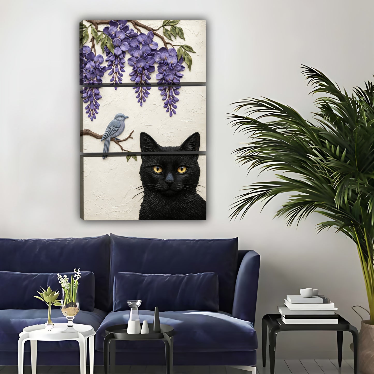 Black Cat with Wisteria Wall Art - Bird and Floral Canvas Print|Liberty Signs#L317