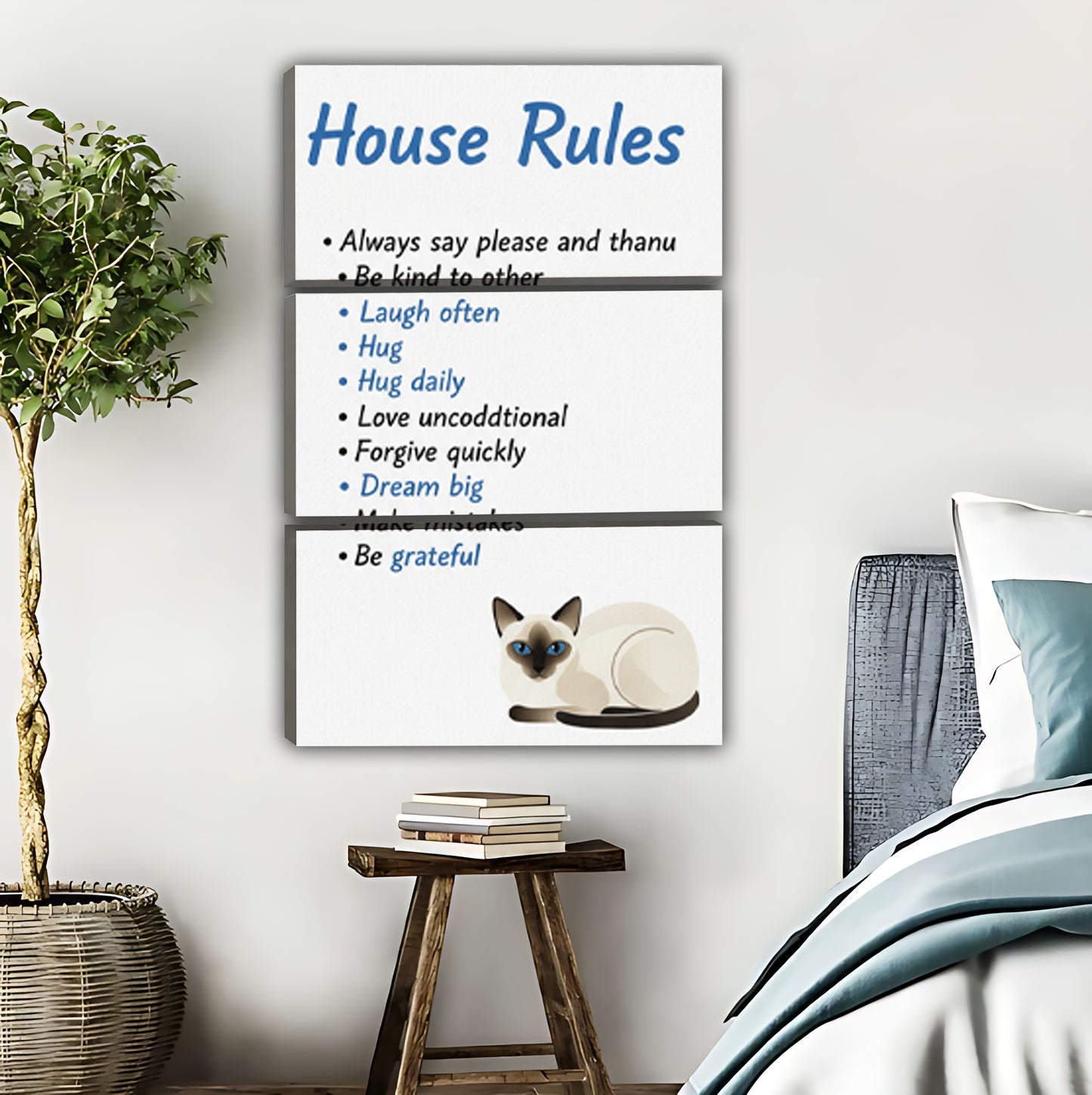 Minimalist House Rules Wall Art with Cute Cat Illustration|Liberty Signs #L498