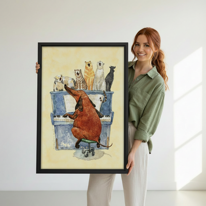 Woman holding large framed dachshund piano cats watercolor canvas art print, whimsical pet lover wall decor