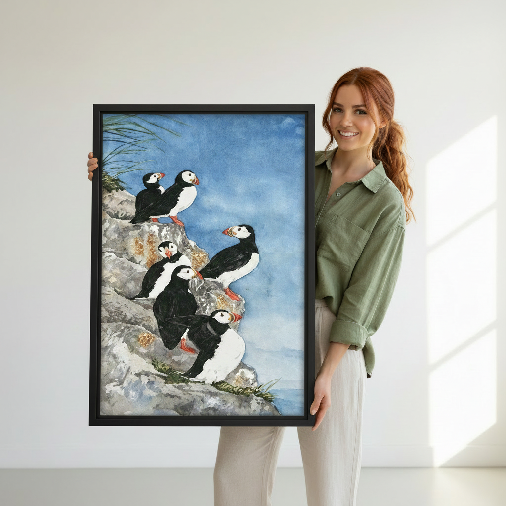 Woman holding large framed puffin watercolor canvas art print, coastal wildlife bird painting wall decor gift