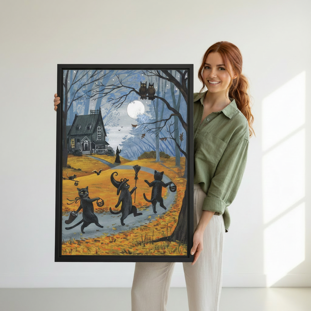 Woman holding large framed Halloween dancing black cats folk art canvas art print, whimsical spooky wall decor gift idea