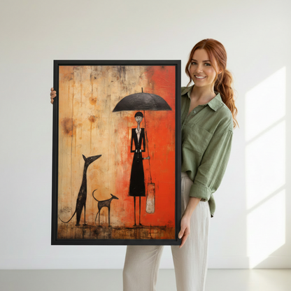 Smiling woman holding large abstract folk art framed canvas print featuring stylized figure with umbrella and greyhound dogs, bold orange wall art gift