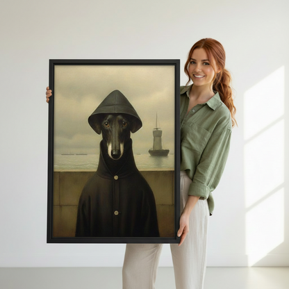 Smiling woman holding large surrealist greyhound dog portrait framed canvas art print with harbor background, moody oil painting wall decor gift