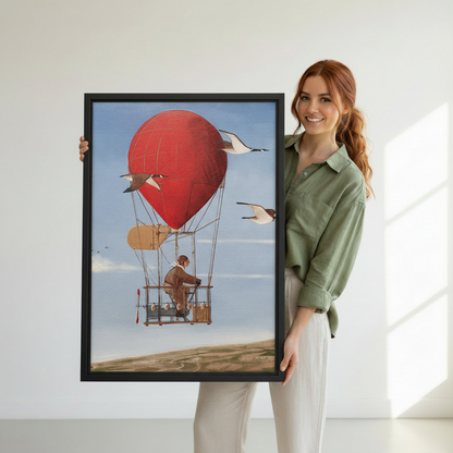 Smiling woman holding large steampunk hot air balloon fantasy framed canvas art print with geese and pilot, adventurous oil painting wall decor gift