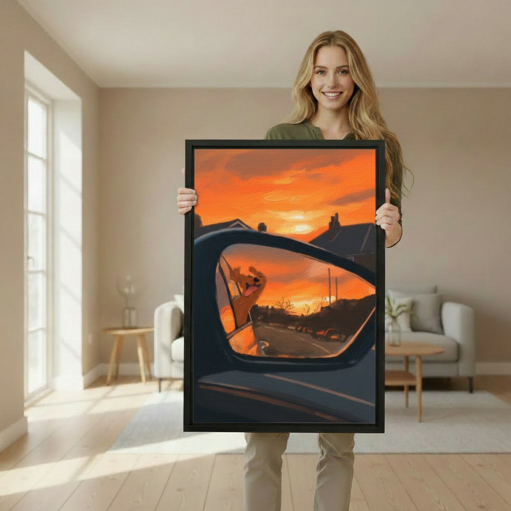 Woman holding large dog sunset rearview mirror framed canvas print — painterly road trip wall art gift