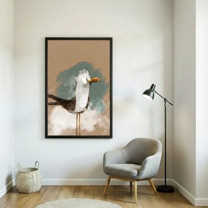 Vintage seagull sketch framed wall art in Scandinavian living room — boho coastal decor