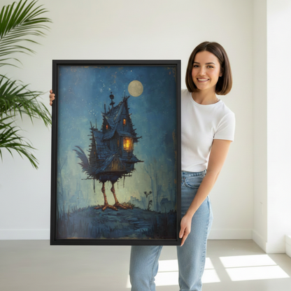Woman holding large framed dark fantasy gothic house art print in deep blue moonlight