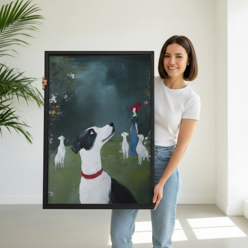 Woman holding large framed vintage oil painting of elegant lady with dogs in misty garden
