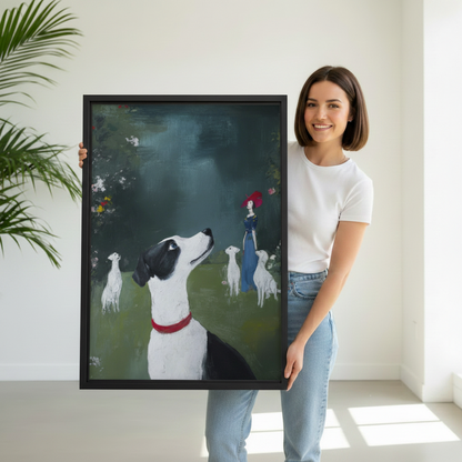 Woman holding large framed vintage oil painting of elegant lady with dogs in misty garden