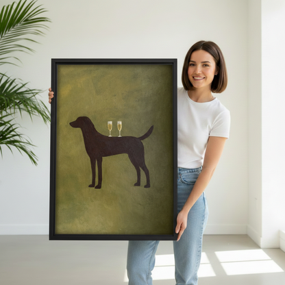 Smiling woman holding large vintage dog silhouette champagne framed canvas art print — minimalist pet wall decor