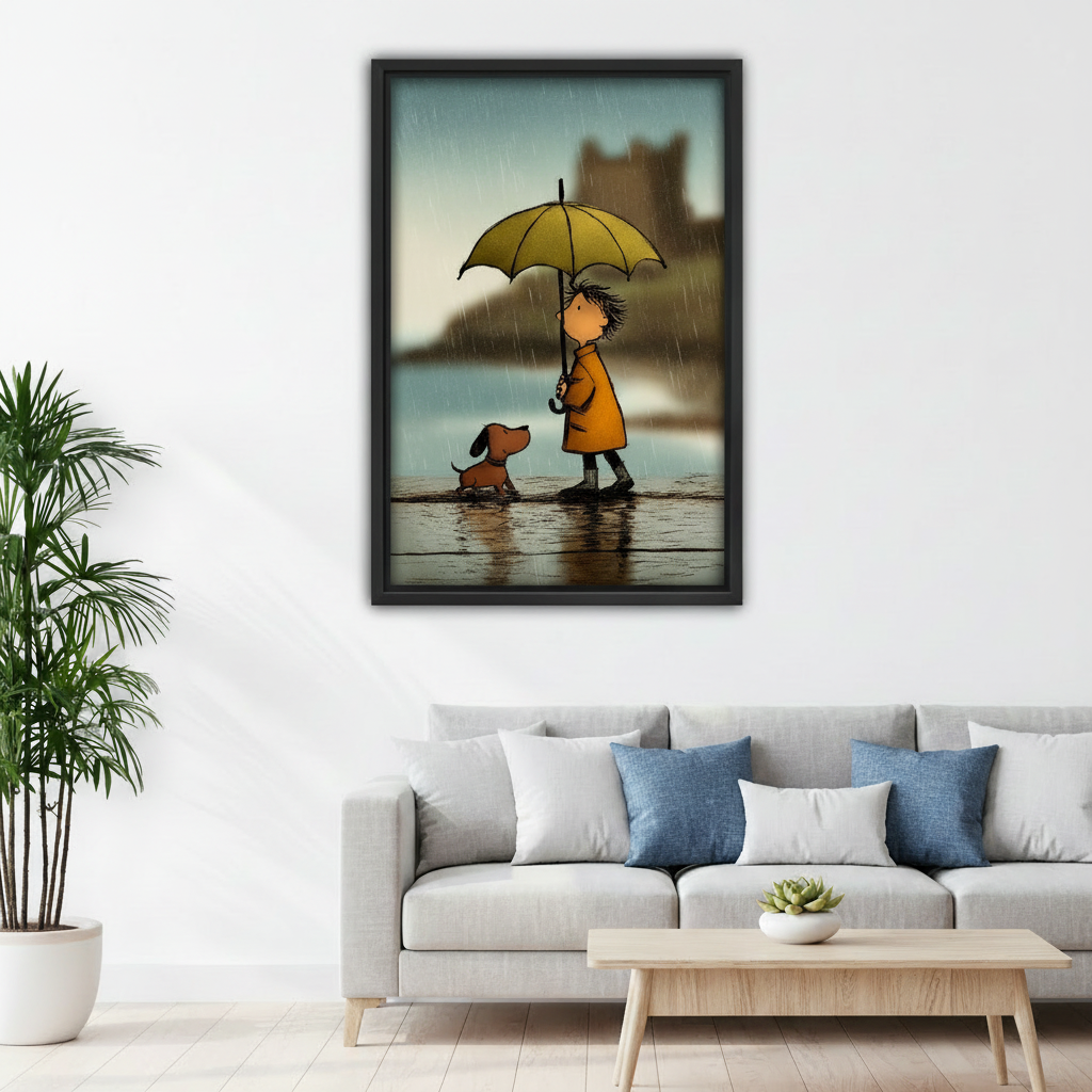 Whimsical rainy day boy and dog framed canvas art print above gray sofa in cozy living room