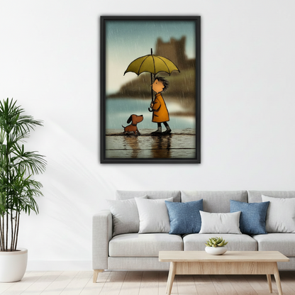 Whimsical rainy day boy and dog framed canvas art print above gray sofa in cozy living room