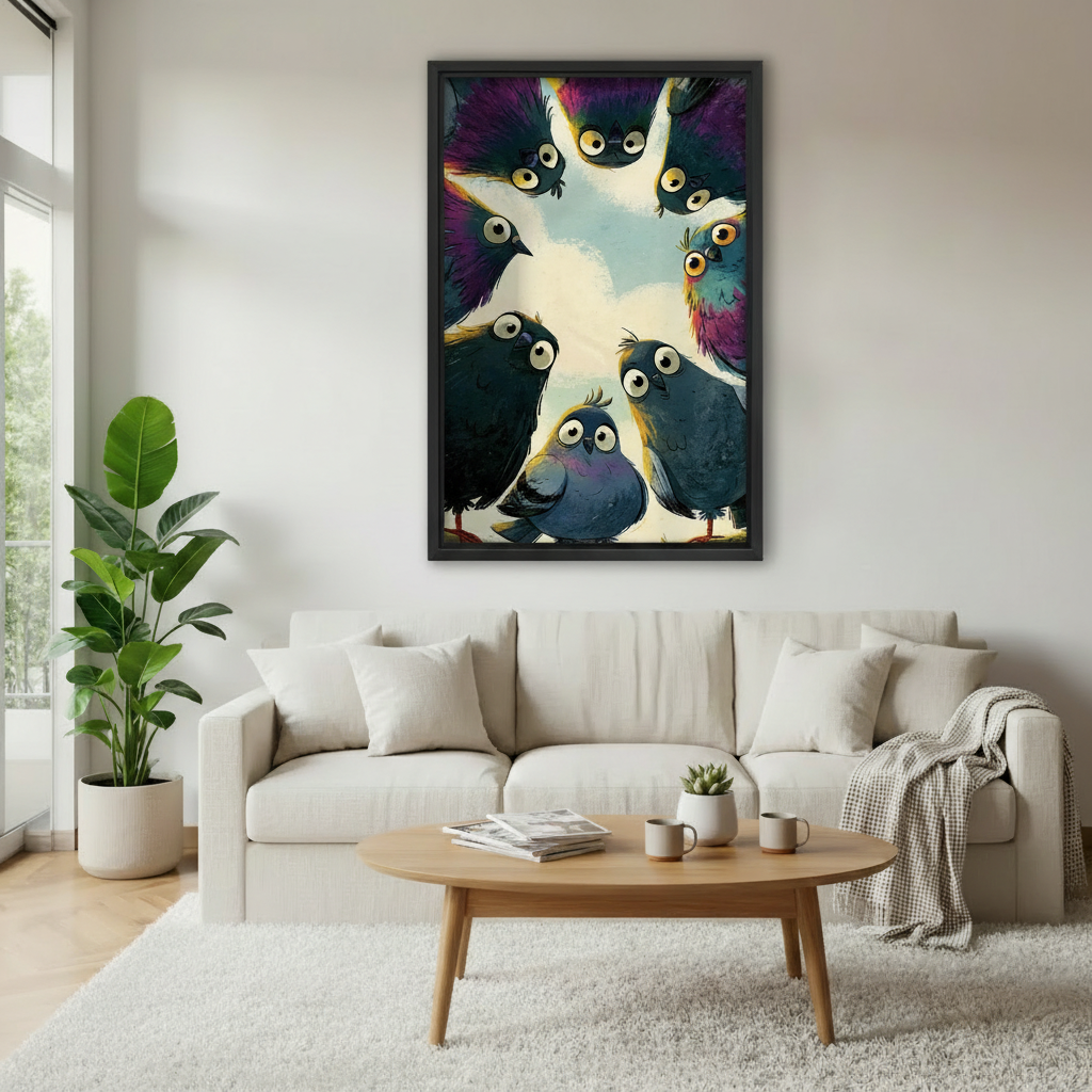 Quirky pigeon gang canvas wall art above sofa in bright living room — funny bird print for modern home