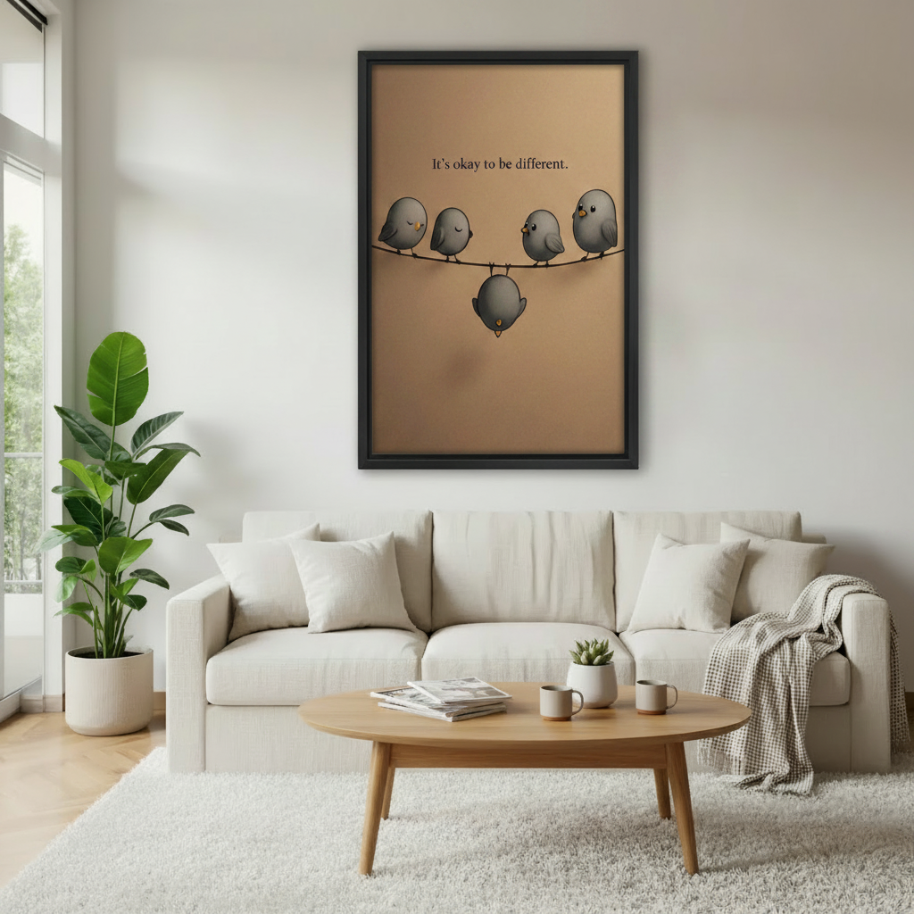 Be different bird framed canvas art above sofa in bright living room — minimalist inspirational wall decor