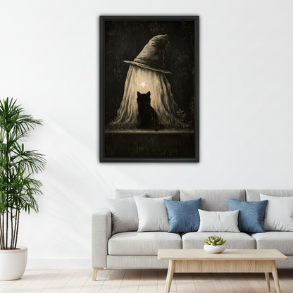 Dark gothic black cat framed canvas art above sofa, moody witch hat wall decor for living room