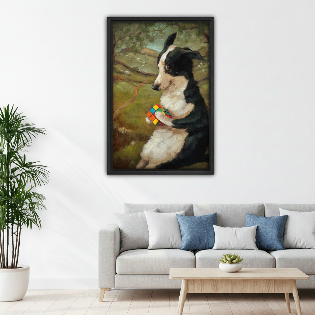  Whimsical Border Collie framed wall art with Rubik's Cube, vintage oil painting style, hung above living room sofa