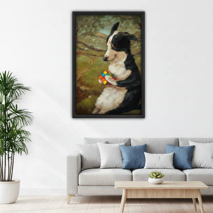  Whimsical Border Collie framed wall art with Rubik's Cube, vintage oil painting style, hung above living room sofa