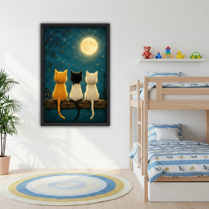 Cute cats moonlight wall art print in kids bedroom – whimsical cat canvas decor