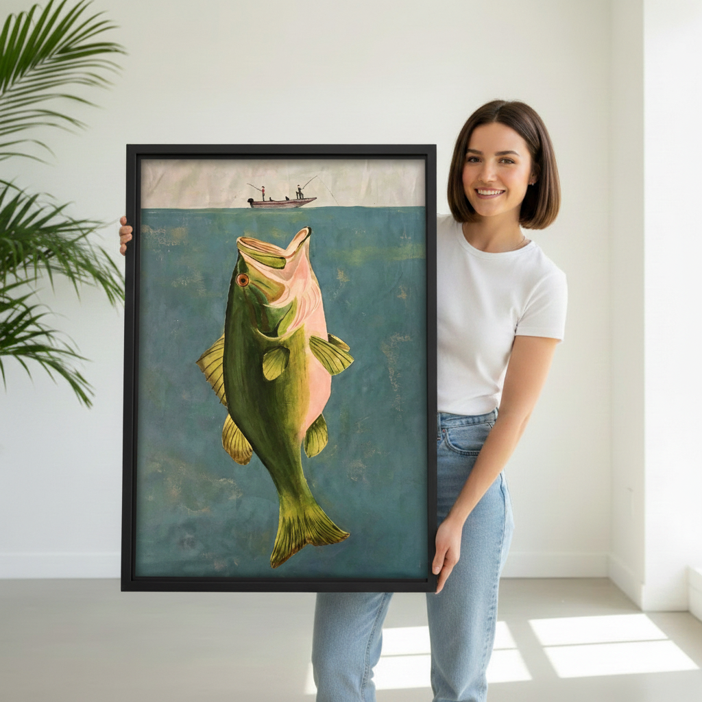 Giant bass fishing framed wall art print, woman holding black framed canvas with largemouth bass and fishermen boat, vintage style home decor