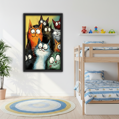 Funny cats framed canvas wall art in kids bedroom – colorful cartoon cat print for children's room decor