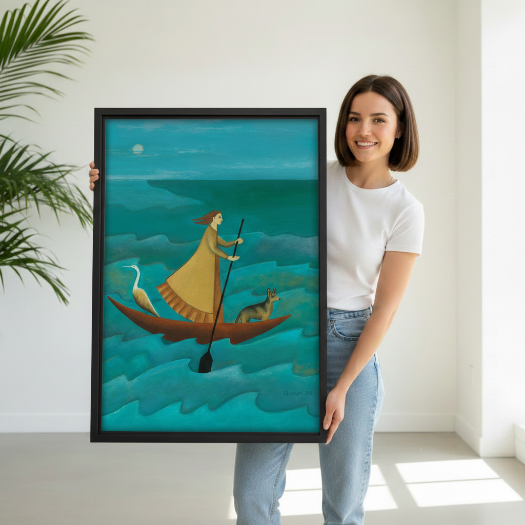 Woman holding a large black framed fine art print of a figure paddling a crescent boat through teal waves with a heron and dog, size reference photo