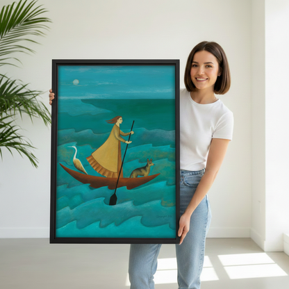 Woman holding a large black framed fine art print of a figure paddling a crescent boat through teal waves with a heron and dog, size reference photo